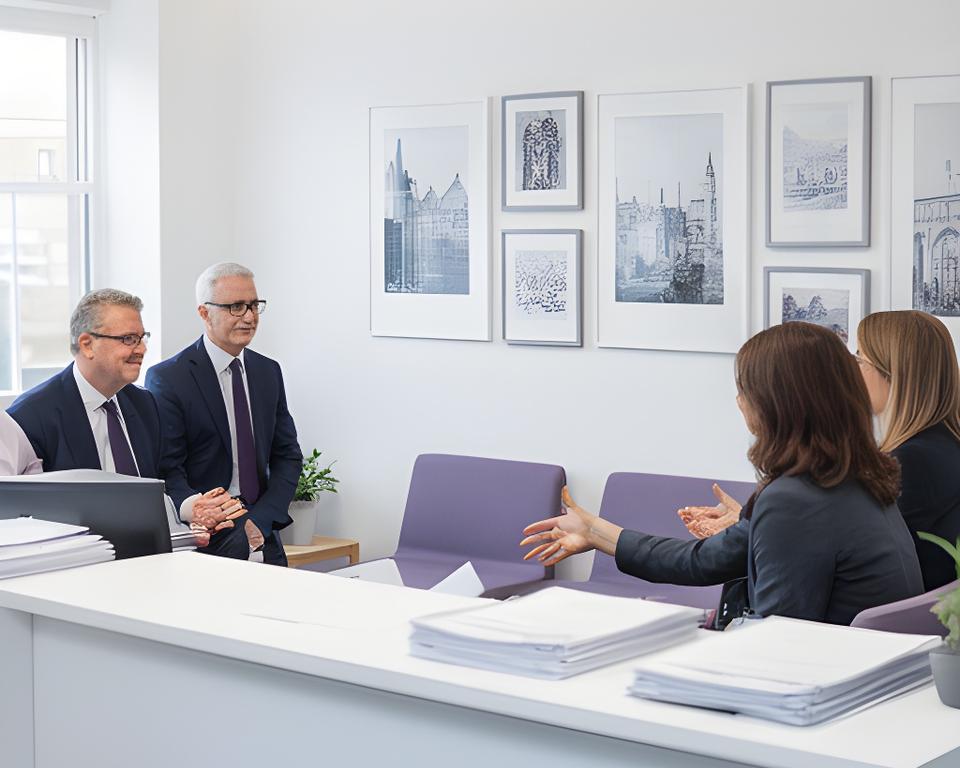 Solicitors meeting clients in a bright Carlow office with framed local views and a calm reception area