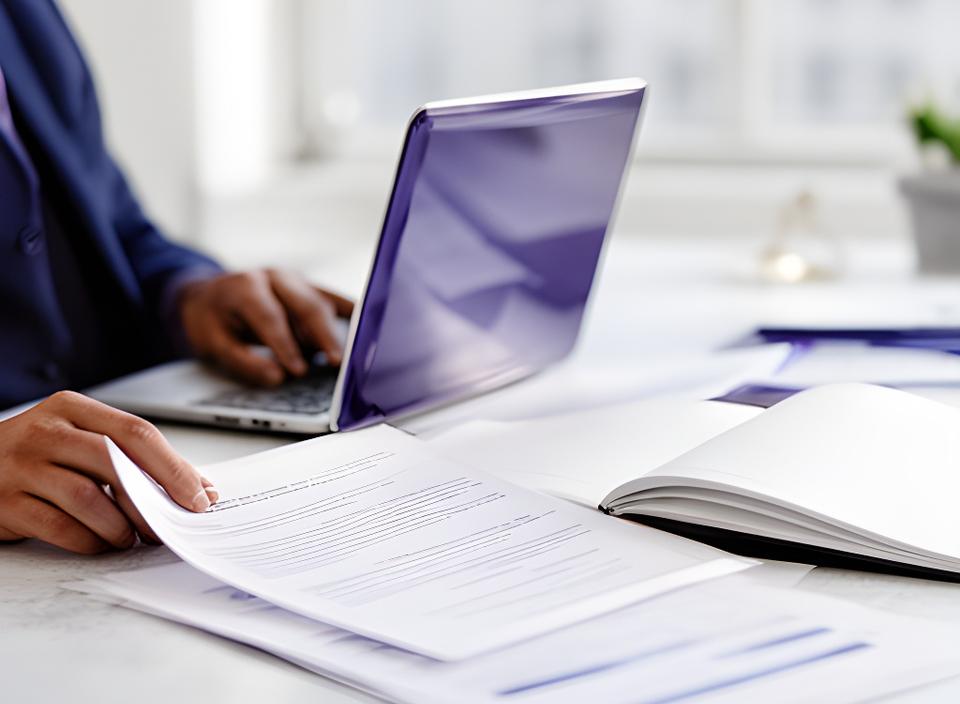 Solicitor reviewing a business contract beside a laptop and notebook in a bright Carlow office