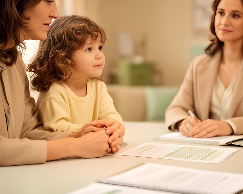 Parent and child meeting with a solicitor in a warm Carlow consultation room with notebooks and family documents