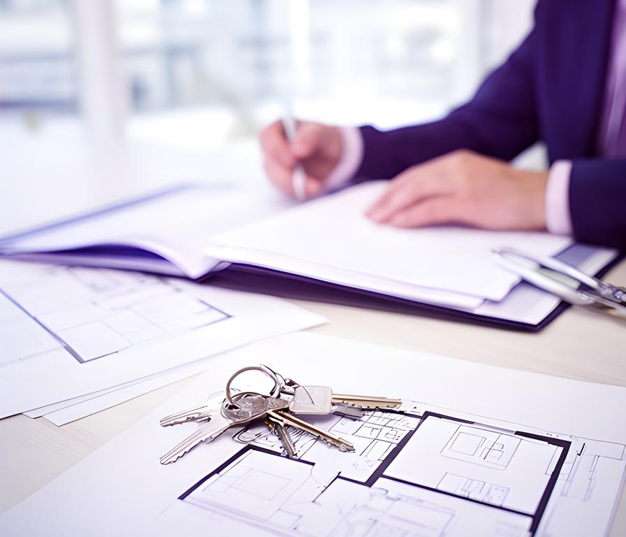 Conveyancing solicitor checking a property file beside house plans and keys on a bright desk in Carlow