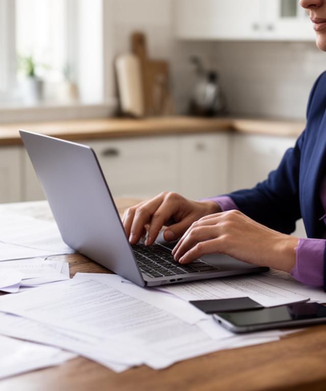 Employee sitting at a kitchen table in Carlow with papers, a laptop, and a phone during a quiet legal consultation