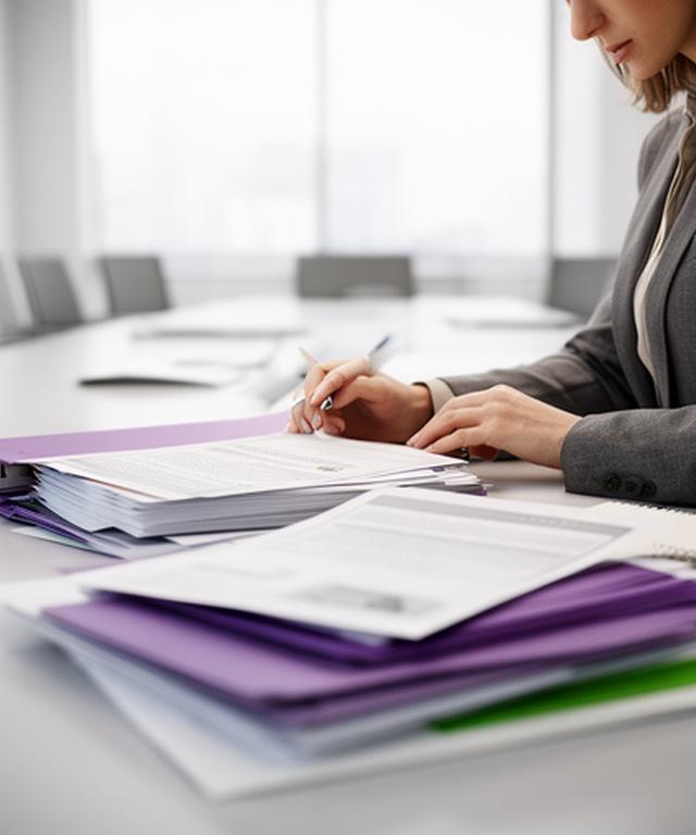 Employer reviewing workplace policy documents in a bright office meeting room with folders and a notepad