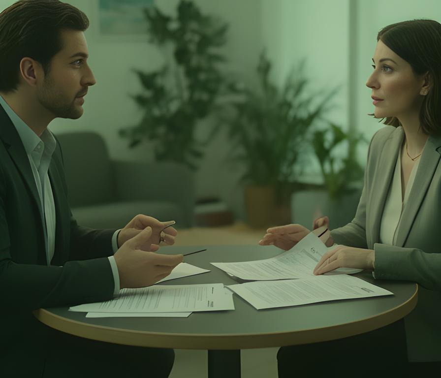Family mediator and solicitor discussing paperwork at a round table in a quiet office with soft green tones