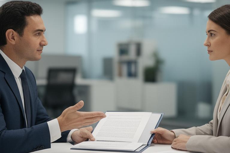 Small business owner meeting a solicitor over contracts and company documents in a calm office setting