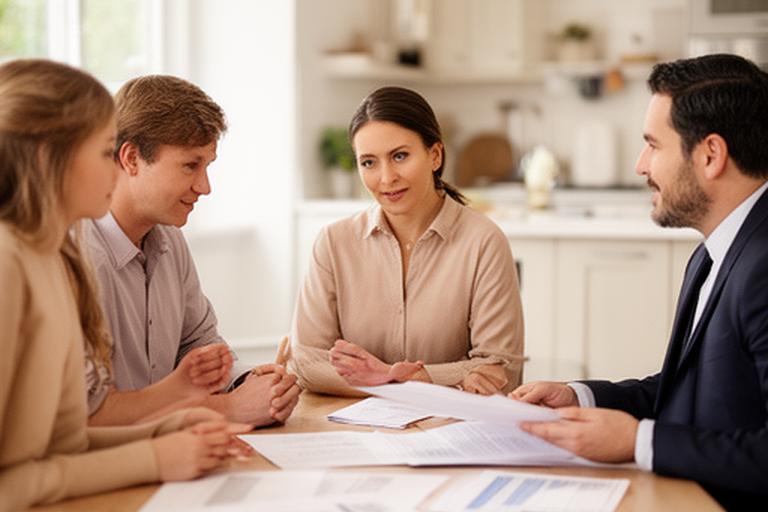 Family members talking at a kitchen table with a solicitor reviewing papers in a bright Carlow office