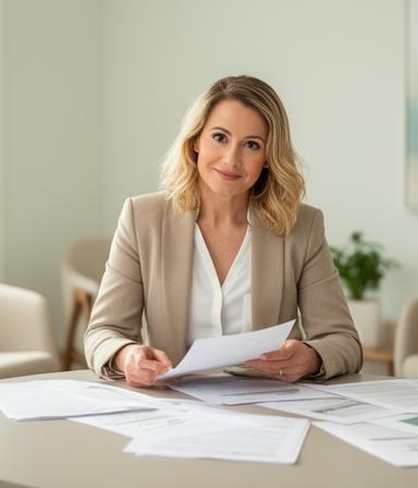 Family law specialist reviewing notes at a round table in a calm consultation room with soft daylight