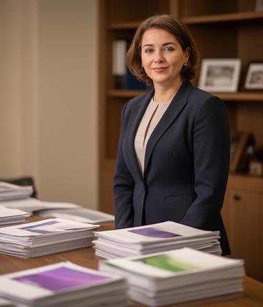 Principal solicitor standing beside a desk with organised case files and warm office lighting in Carlow