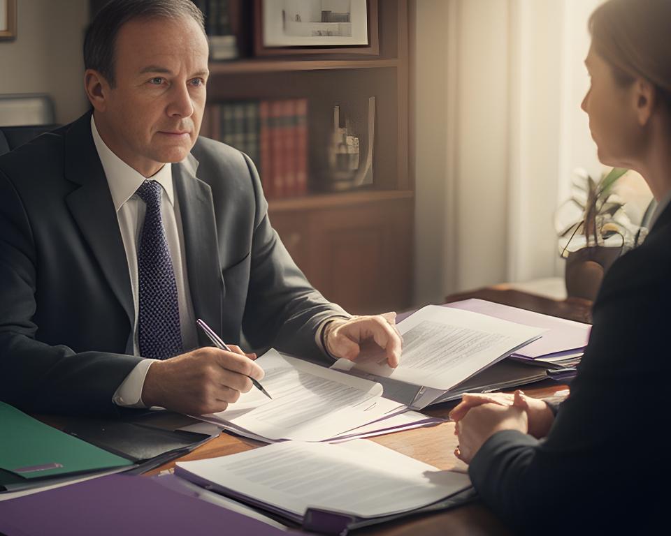 Solicitor reviewing papers with a client in a calm Carlow office with warm daylight and framed legal books