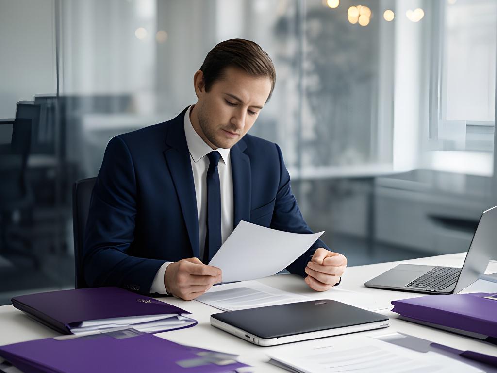 Solicitor reviewing a privacy notice at a desk in a Carlow office with files and a laptop