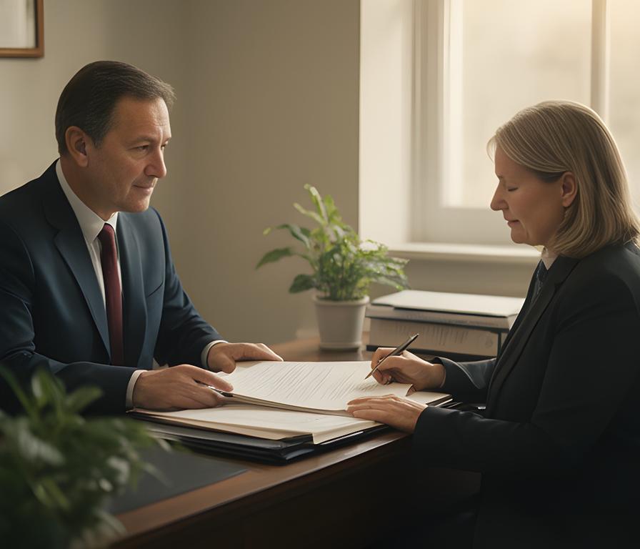 Solicitor and client reviewing a will and estate folder beside a small plant and window light in a private office