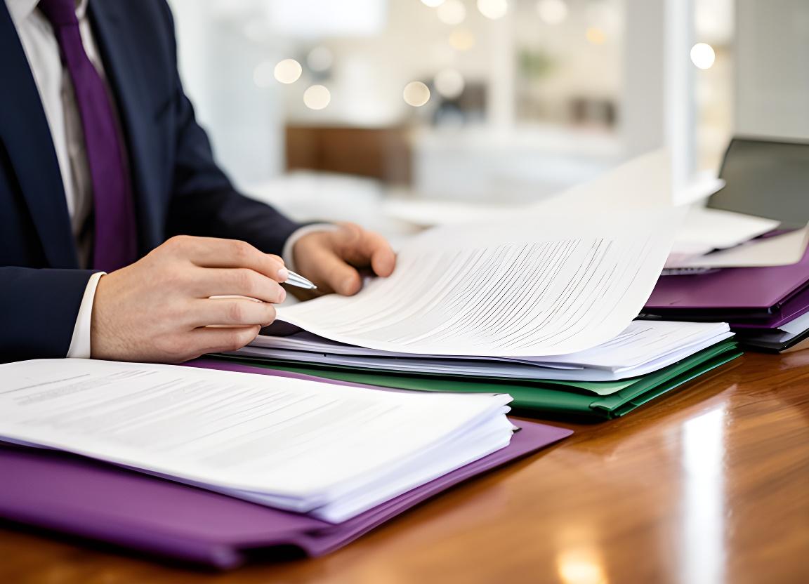 Solicitor reviewing estate papers beside a polished wooden desk in a bright Carlow office